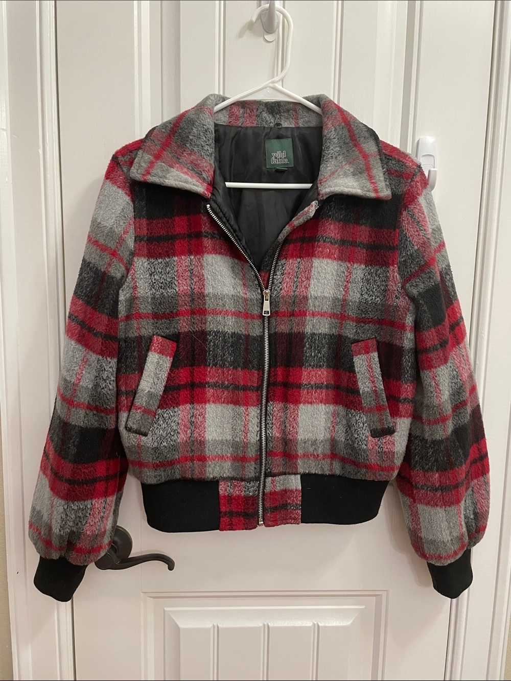 Red & Gray Plaid Bomber Jacket